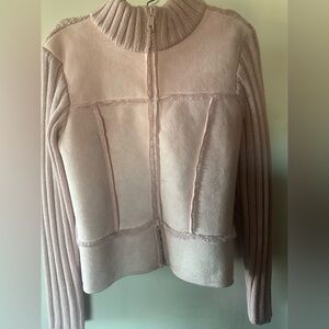 Soft Pink Double-Zipped Sweater Jacket w/faux suede-look front. Size:L (Mandee)